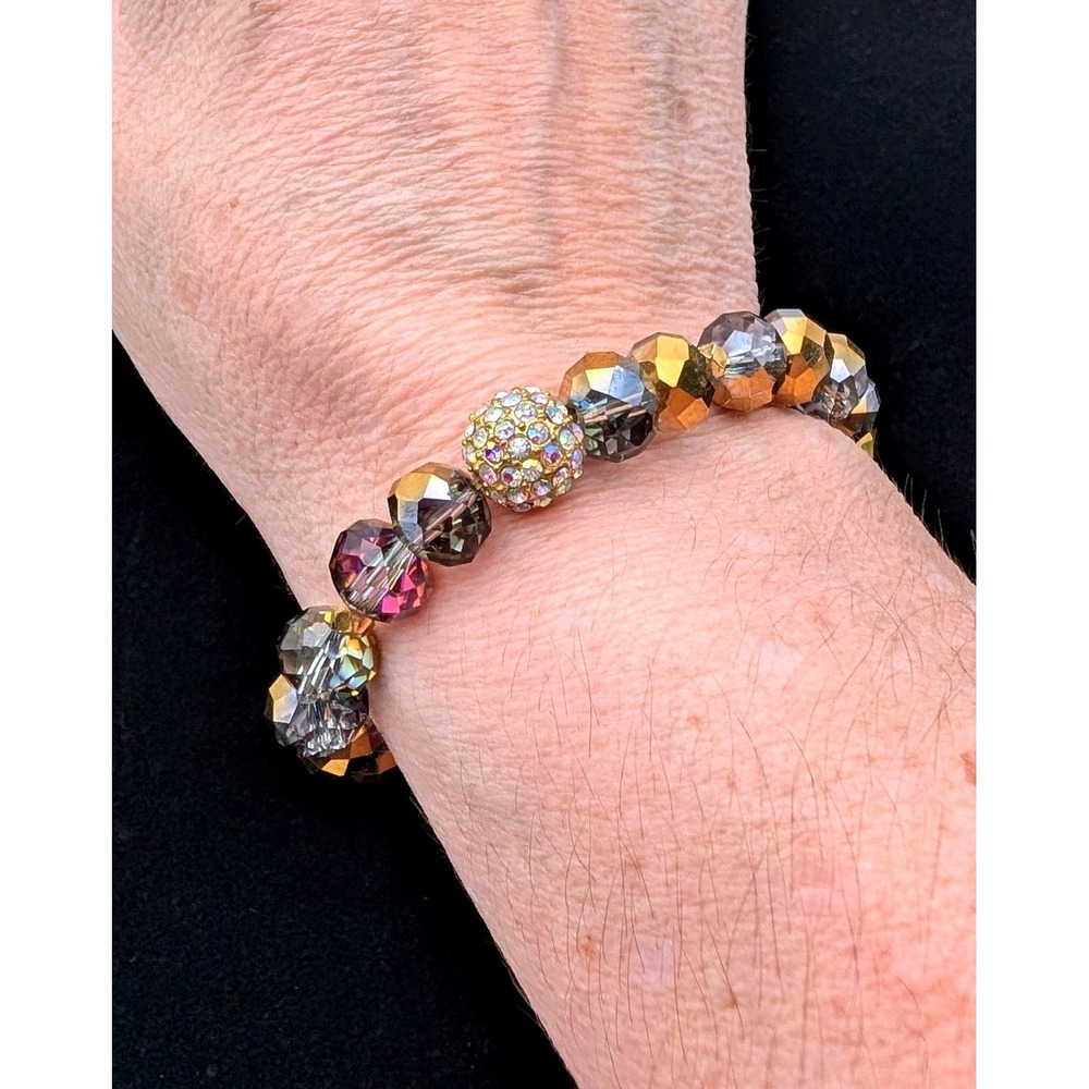 Gold Iridescent Crystal Beaded Stretch Bracelet Pave Rhinestone Disco Ball Bead